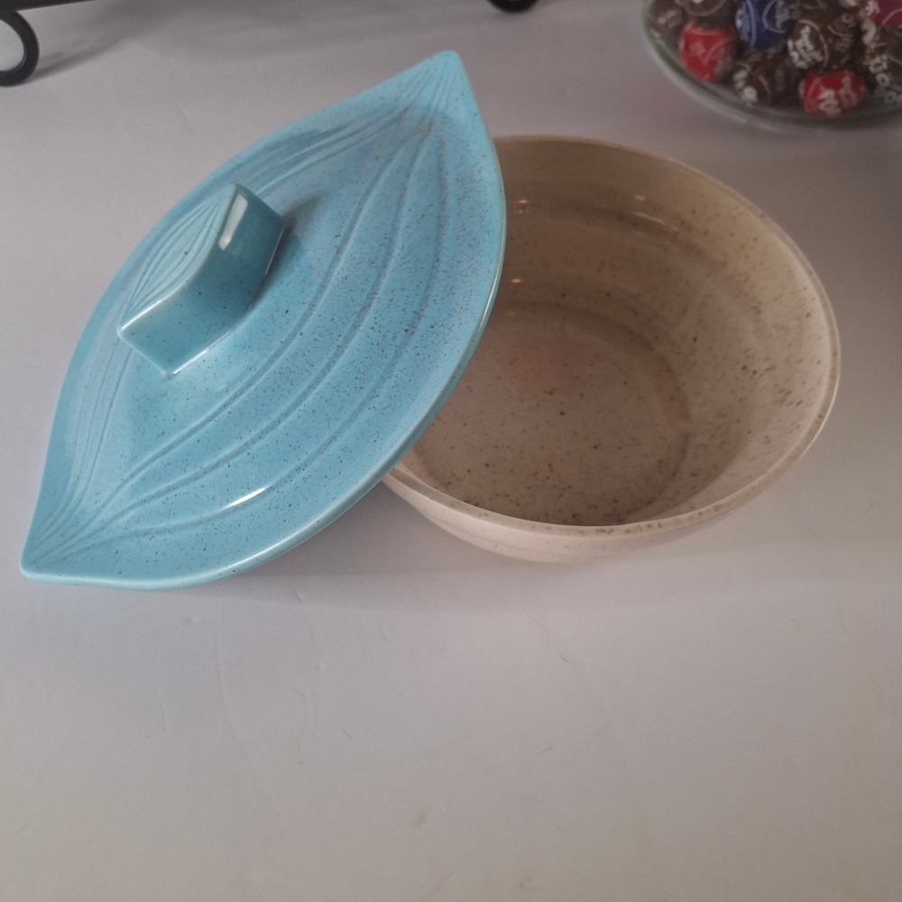 Vintage MCM L-33 USA Ceramic Leaf Chip and Dip Set Speckled Blue Cream 6 Pieces - Picture 5 of 9